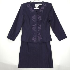 Karin Stevens Petites Skirt Suit Set Women 12P Purple Embroidered Jacket VTG